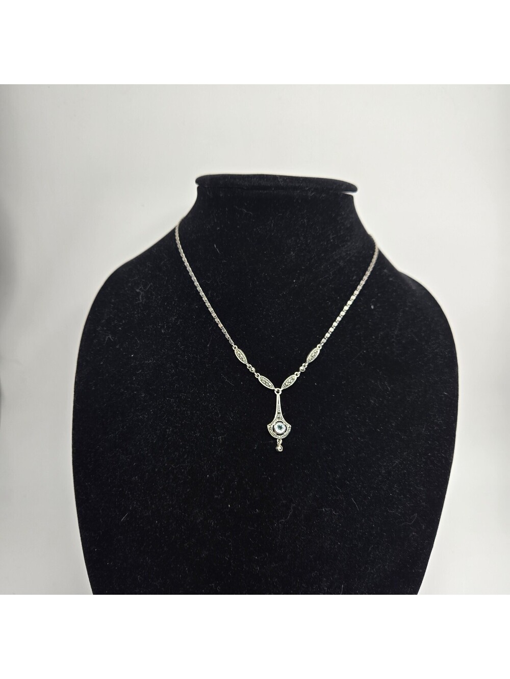 Sterling Marcasite Blue Topaz Pendant Necklace Edwardian Revival Vintage 18 Inch